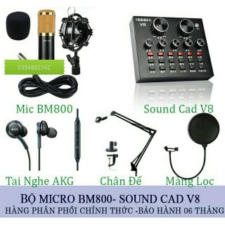 Combo livetream thu âm micro bm800. sound cards v8. chân kẹp bàn. màng lọc âm tặng kèm tai nghe