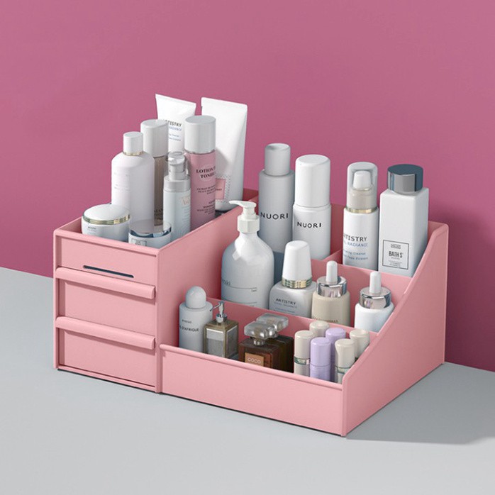 Kệ đựng mỹ phẩm để bàn 3 tầng 2 ngăn kéo, hộp đựng đồ trang điểm makeup bằng nhựa PP cao cấp 2 màu trắng hồng (25x16cm)