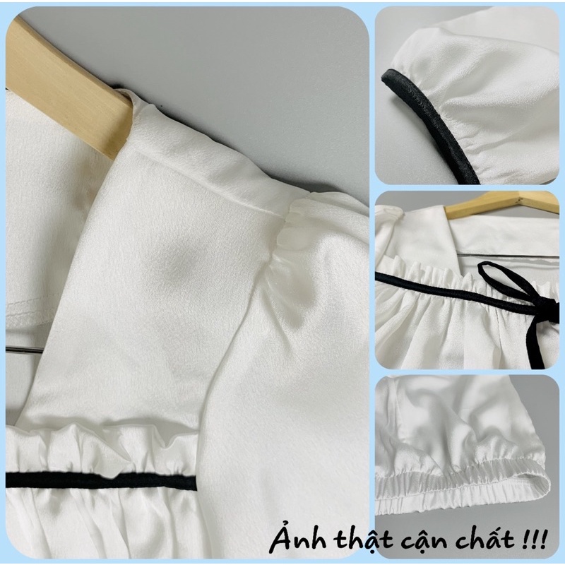 Bộ Ngủ Dài T97 bộ mặc nhà chất Lụa Satin phối viền đen phong cách Hàn Quốc | BigBuy360 - bigbuy360.vn