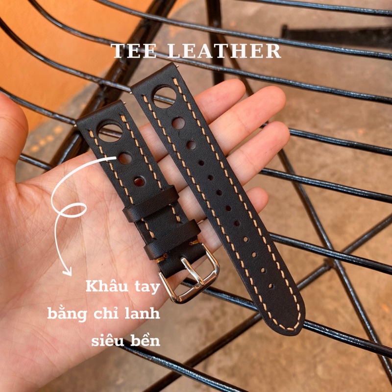 Dây da đồng hồ khâu tay thủ công, dây đồng hồ size 18mm, 20mm, 22mm, 24mm, màu đen - TEE LEATHER