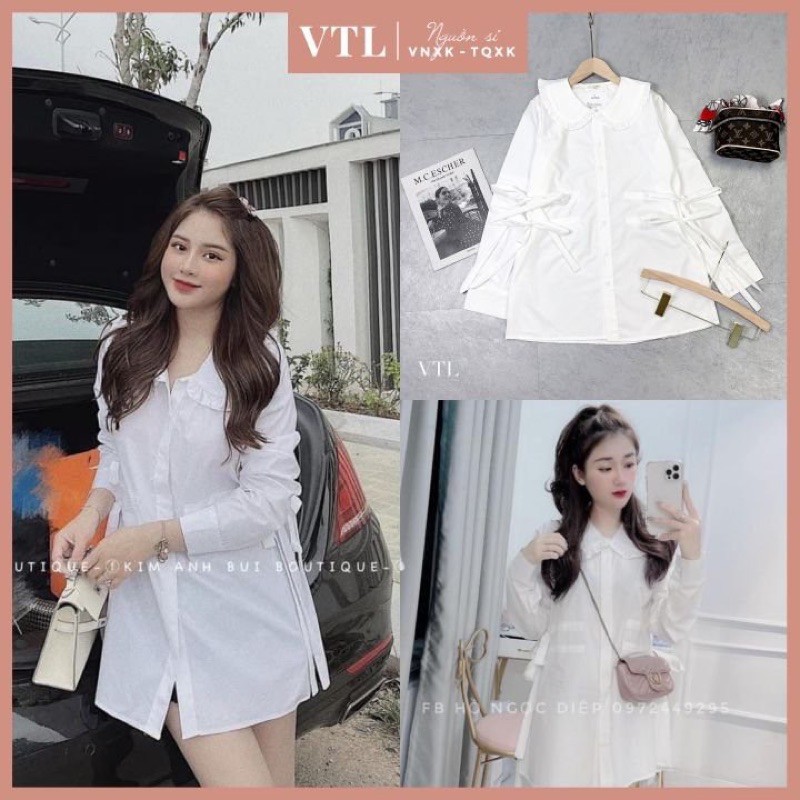 ÁO SƠ MI TRẮNG CỔ SEN THẮT NƠ EO DÁNG DÀI TIỂU THƯ
