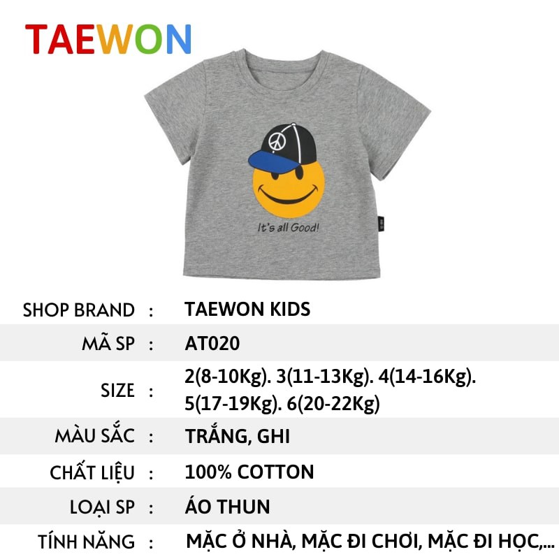 Áo cộc tay bé trai bé gái Hàn Quốc xuất khẩu chất cotton mùa hè trẻ em từ 1 đến 6 tuổi Taewon Kids AT020