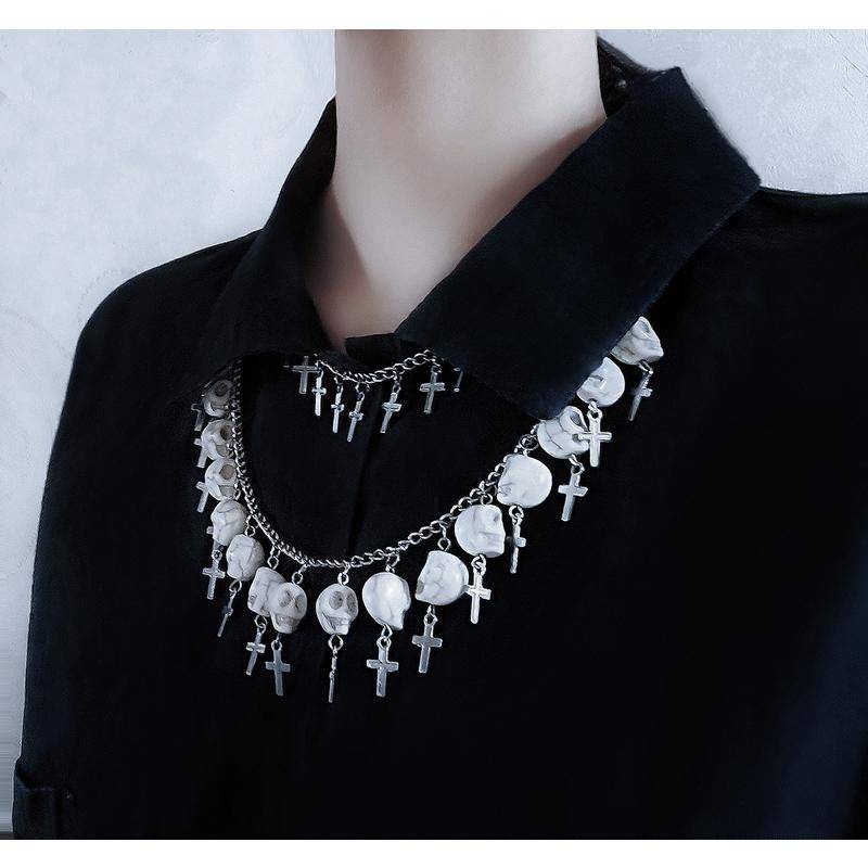Vòng cổ Hai Lớp Mặt Đầu Lâu Và Thánh Giá Phong Cách Harajuku