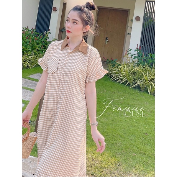 Đầm Caro Suông Cổ Đức, váy kẻ suông, đầm kẻ suông, váy caro diện đi làm đi chơi