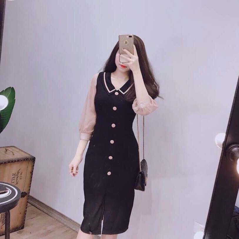 Đầm body phối tay voan đính nút sang trọng + Ảnh thật | BigBuy360 - bigbuy360.vn
