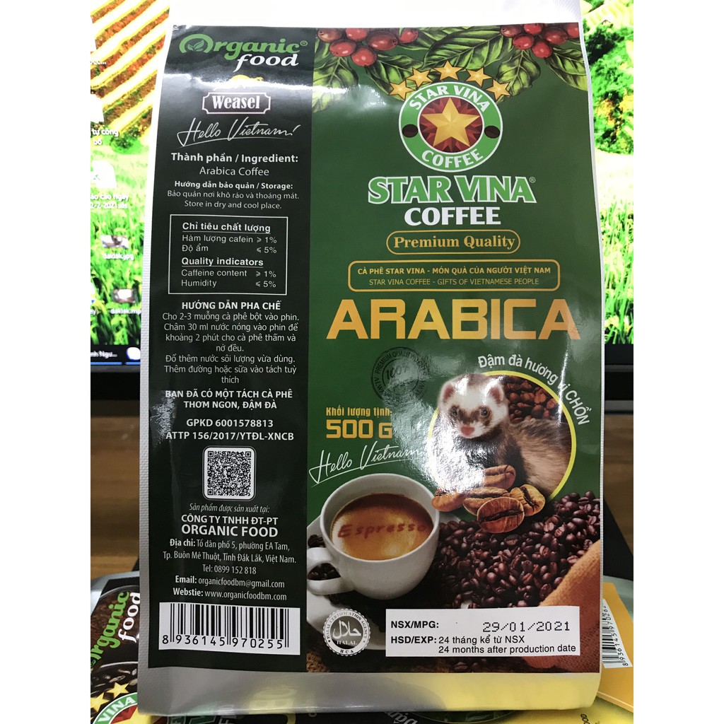 Cà Phê Hạt Bột Arabica Rang Xay Nguyên chất 100% - Túi 500gr