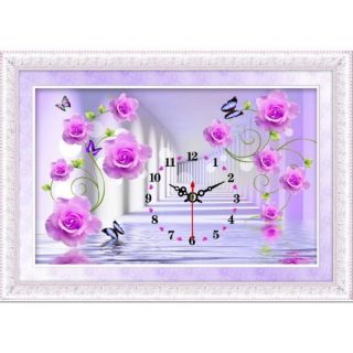 Tranh đính đá Đồng hồ hoa hồng tím 80x50vm LV010