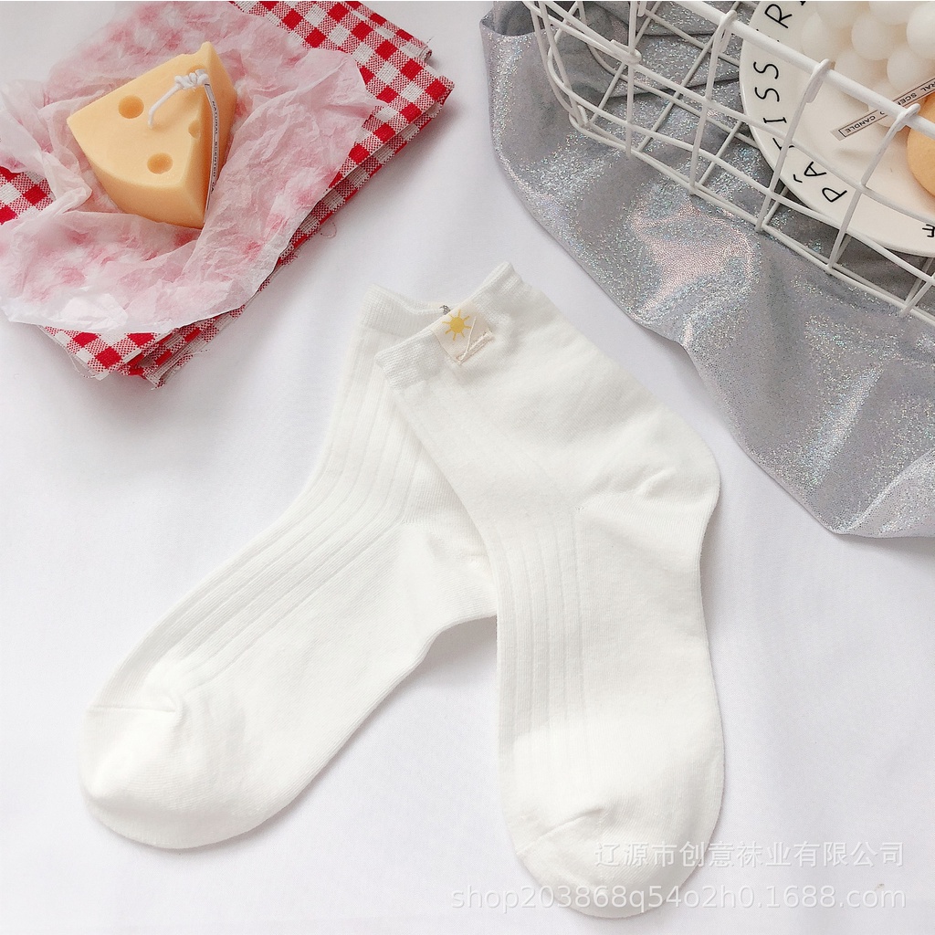 Vớ trắng nữ cổ cao Hàn Quốc Tất gân trơn cổ trung nữ Nhật Bản Cotton