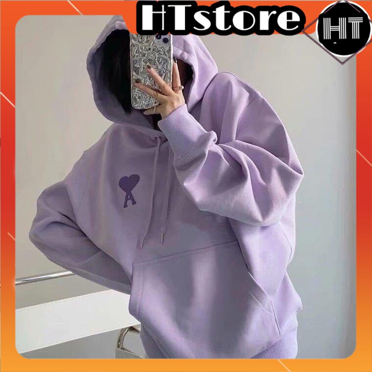 Áo nỉ mũ nam nữ HTSTORE Áo hoodie màu tím pastel ngọt ngào form rộng hình trái tim dày ấm màu tím