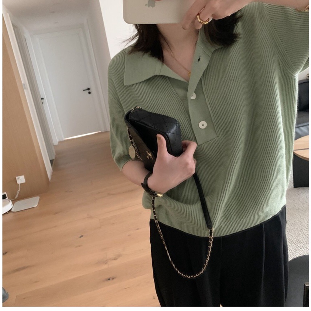 Áo thun ZHELIHANGFEI polo dệt kim lụa lạnh tay ngắn chất liệu mềm mại phong cách Hàn Quốc thời trang hè cho nữ