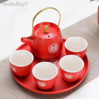 ☇ ☑> Bộ ấm chén trà cưới hộp quà tặng của hồi môn gốm sứ đỏ hỏi cao cấp Trung Quốc <