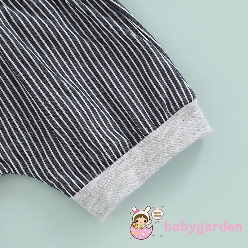 Bộ Áo Thun Ngắn Tay Cổ Tròn + Quần Short Lưng Cao Họa Tiết Kẻ Sọc Cho Bé Trai 0-24 Tháng Tuổi