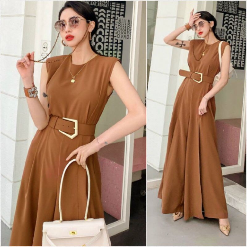Jumpsuit dài ống rộng xẻ cao, bộ jum không tay kèm nịt - DTH