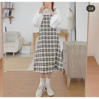 Set yếm váy chữ a kẻ caro và áo sơ mi tay bồng, ảnh thật/hàng có sẵn