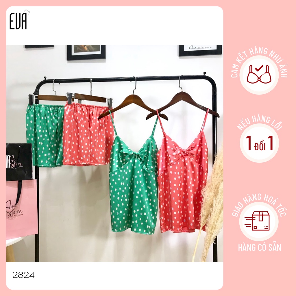 Bộ ngủ lụa 2 dây ngắn họa tiết chấm bi 2824