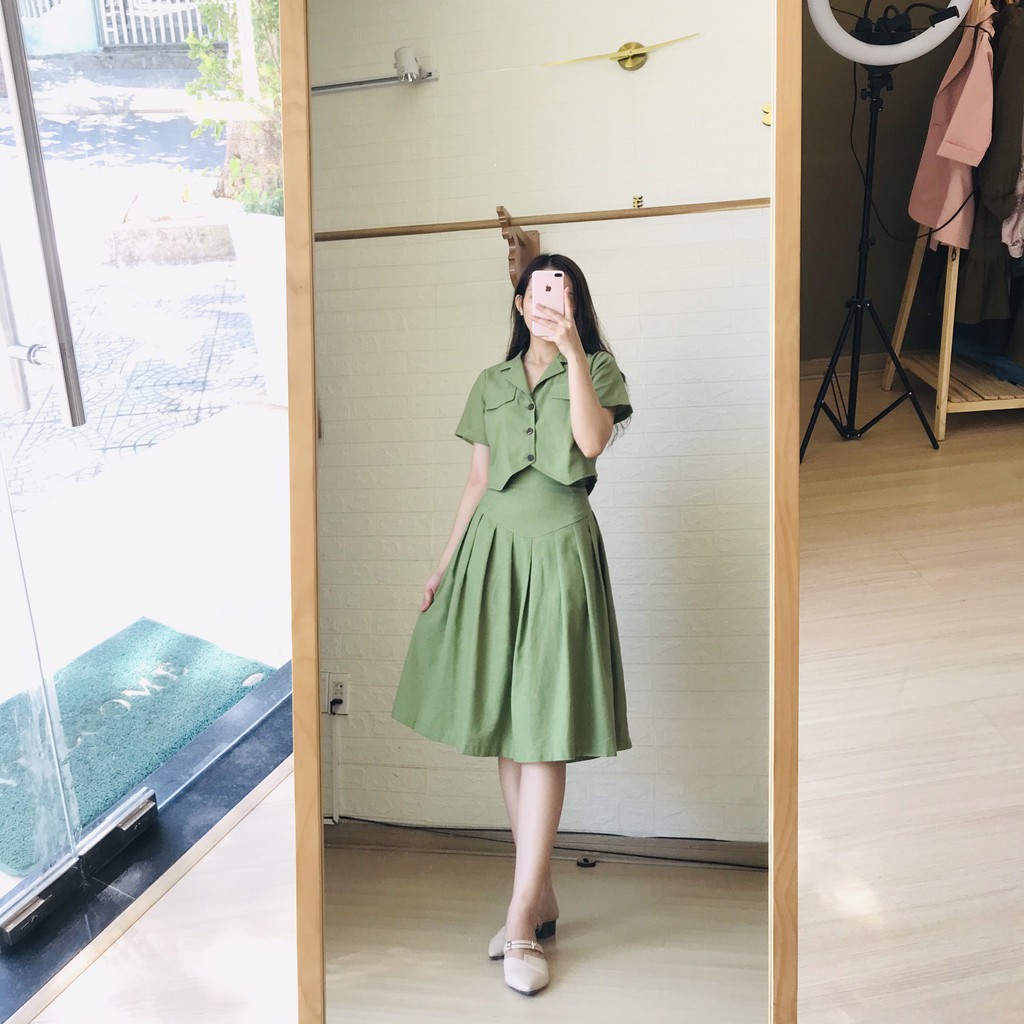 Set váy công sở LEOSWEARING chất linen bột chân váy xòe mix áo sơ mi vạt chéo thanh lịch cho văn phòng dự tiệc B58