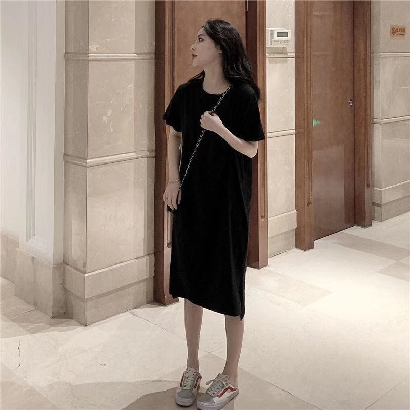 Đầm Tay Ngắn Dáng Rộng Dài Qua Gối Màu Trơn Thời Trang Mùa Hè