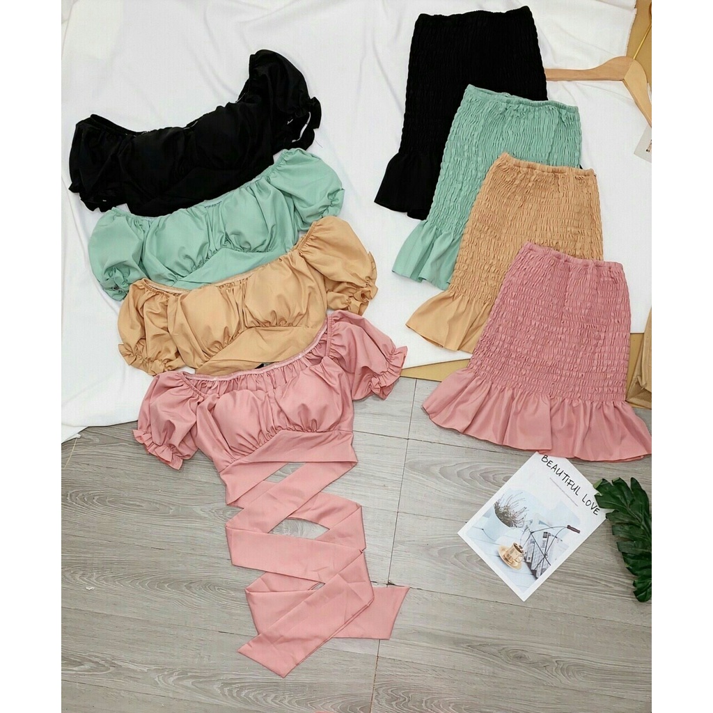 SÉT ÁO TRỄ VAI NHÚN NHẸ Ở VÒNG CỔ THẲ DÂY NƠ Ở SAU LƯNG,KÈM CHÂN VÁY ĐUÔI CÁ NHÚN CHUN | BigBuy360 - bigbuy360.vn