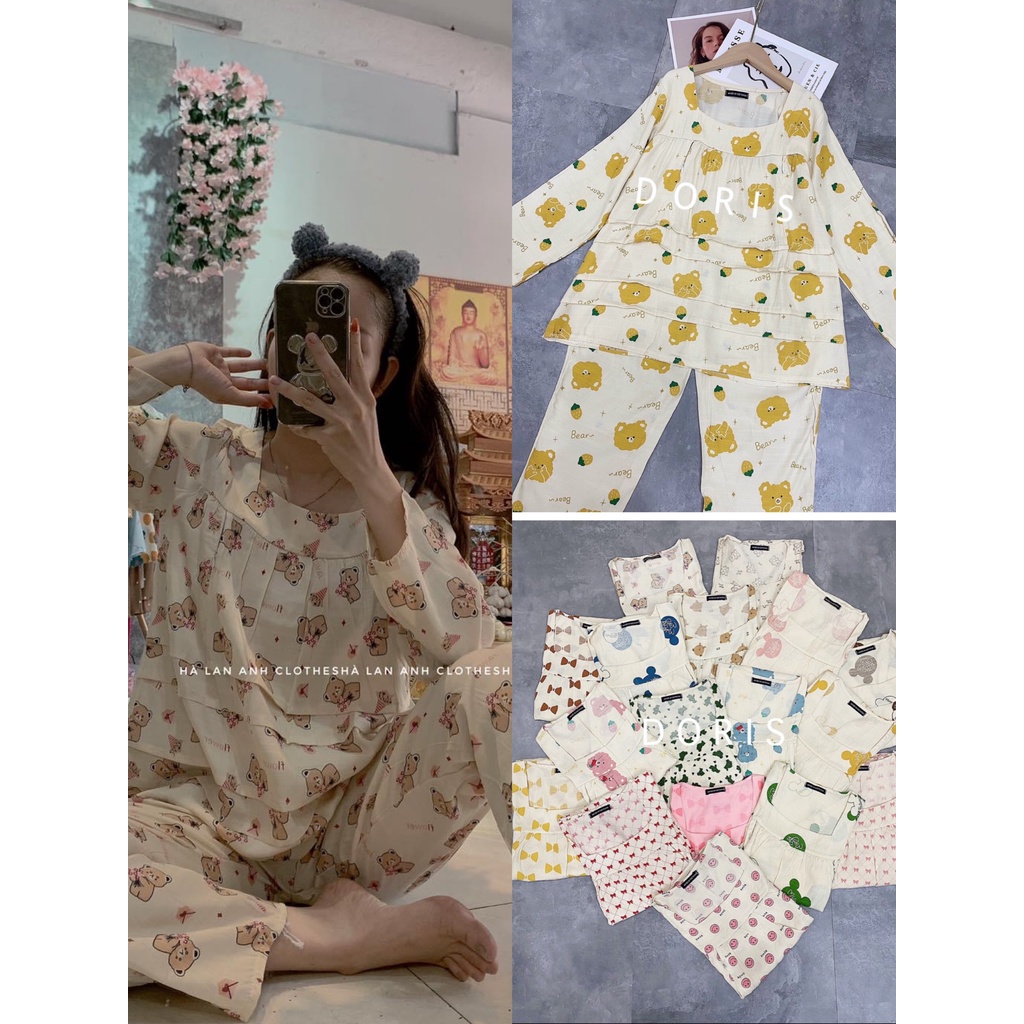 Bộ đồ bầu cổ vuông mặc đi ngủ học tiết hoạt hình, bộ đồ mặc bầu và sau sinh chất Đũi có khoá ngực