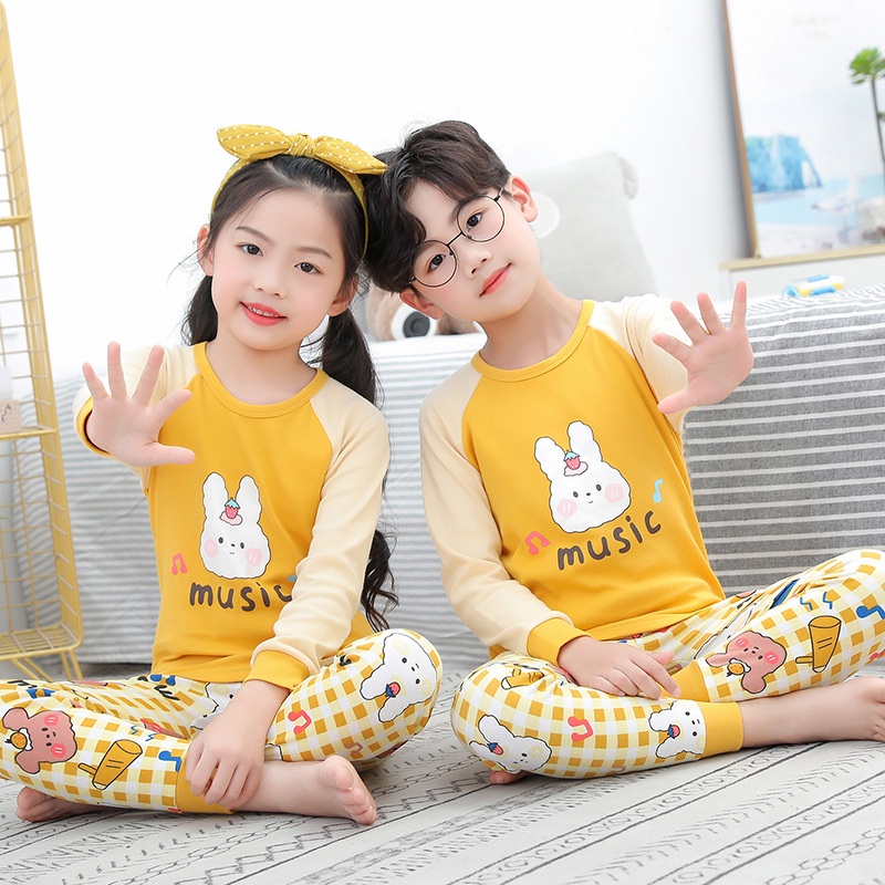 Bộ đồ ngủ tay dài chất liệu cotton phong cách Hàn Quốc thời trang mùa thu dành cho bé 3-14 tuổi