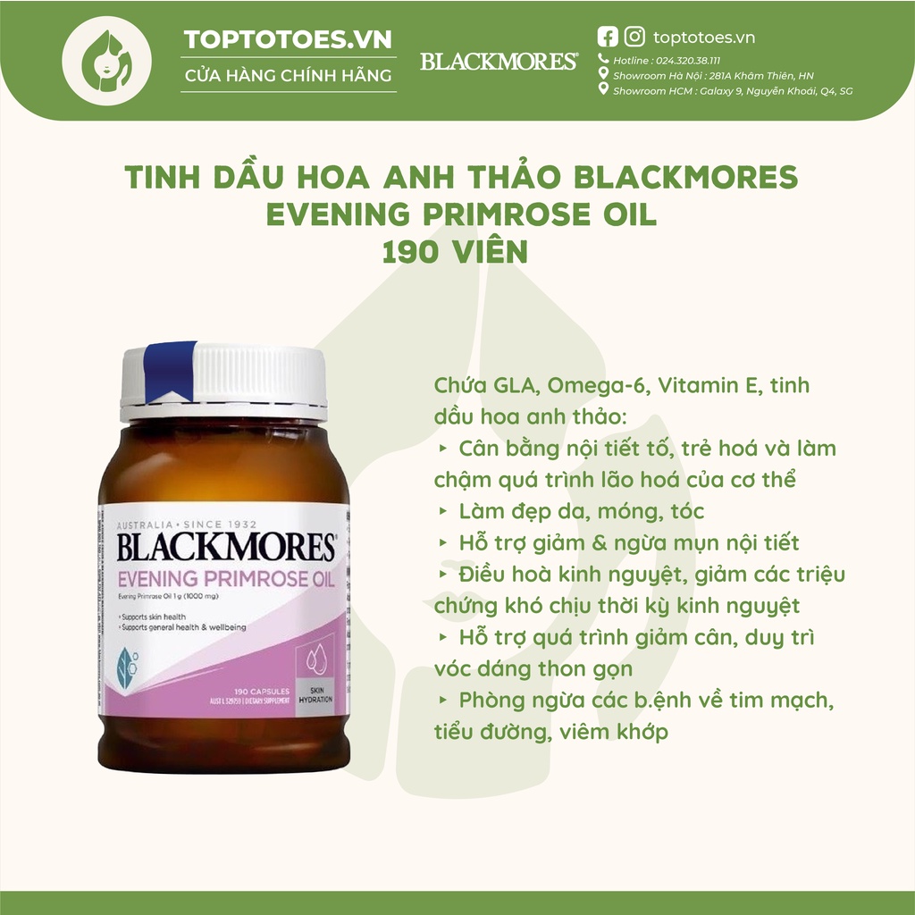 Tinh dầu hoa anh thảo Blackmores Evening Primrose Oil làm đẹp da, cân bằng nội tiết tố, trẻ hoá cơ thể - 190 viên