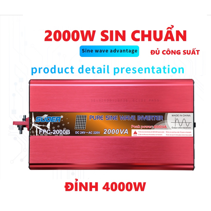 Biến tần Kich điện Inverter sóng sin tinh khiết Suoer 2000w 220v 12v với giao diện sạc USB - Đúng công suất