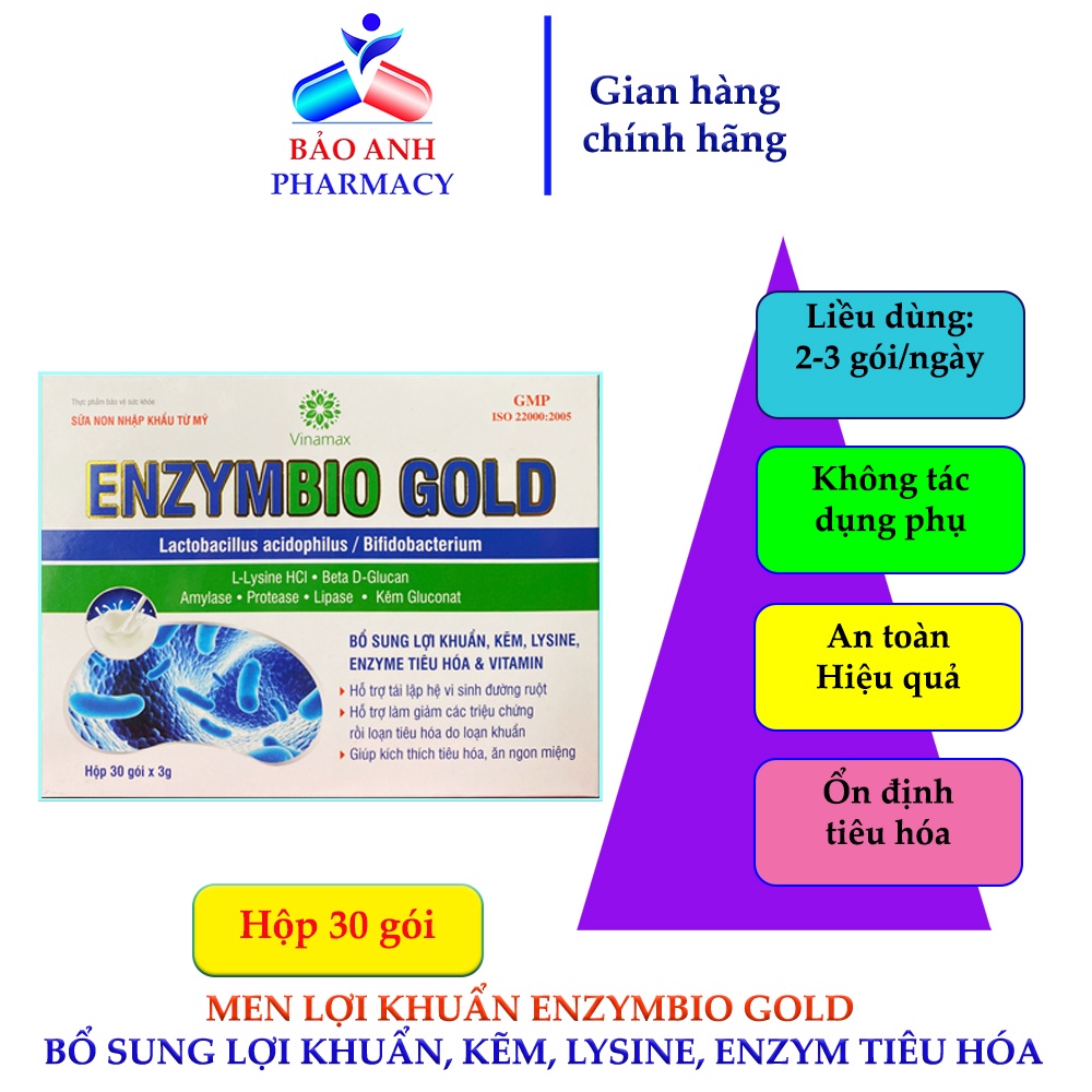 Men vi sinh Enzymbio Gold bổ sung Lợi khuẩn, kẽm, Lysine, Enzym tiêu hóa và Vitamin giúp tái lập hệ vi sinh đường ruột