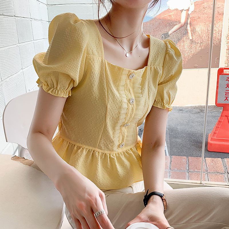 Short sleeve design sense niche short ruffled fashion all-match square neck pullover，cheap borong of Koreanfashion women's clothing readystock 210602