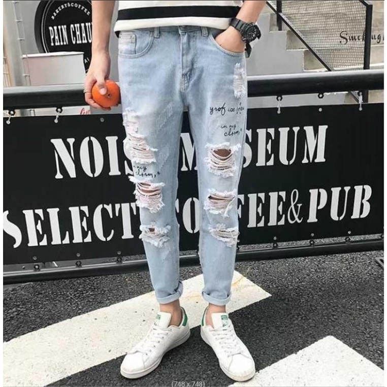 Quần jean rách nam nữ dáng baggy màu xanh in chữ nhạt Pon.mens