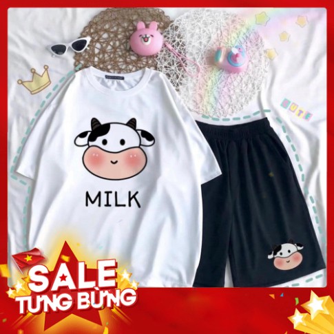 [N&H] [RẺ VÔ ĐỊCH] Sét Áo Thun Ngắn Tay Bò Sữa Milk Chất Đẹp + Quần Đùi Đen Ống Rộng Logo Sét Đồ Bộ Nam Nữ Unisex Freesi