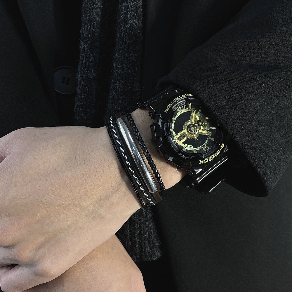 Vòng tay da phối dây đen nâu bọc thép không gỉ MB01