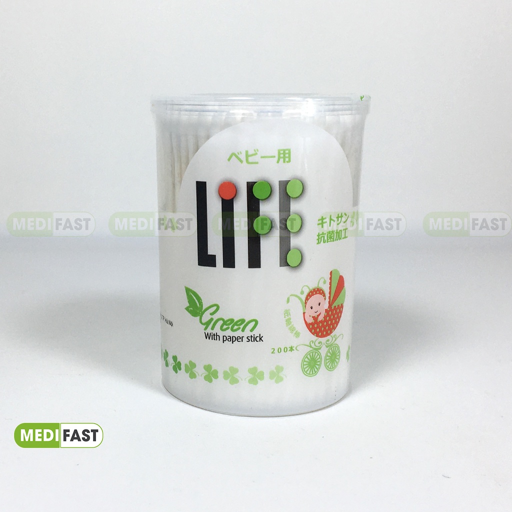 Tăm bông Life từ Nhật Bản - hộp 200 chiếc cho người lớn và trẻ em dùng vệ sinh ngoáy tai, mũi hàng ngày