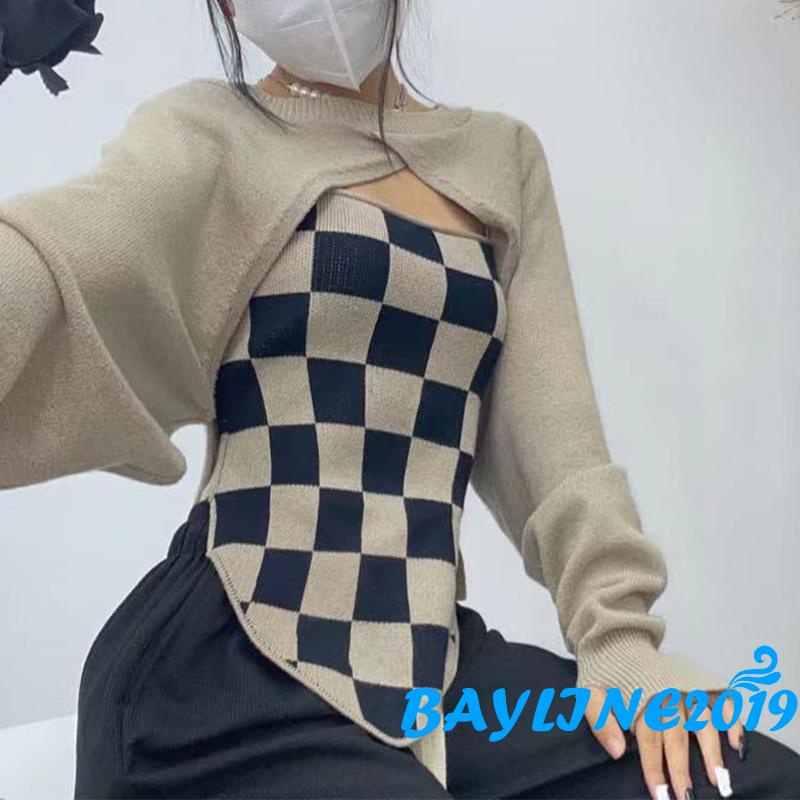 Set áo thun dài tay và áo hai dây họa tiết ca rô màu sắc trẻ trung dành cho nữ