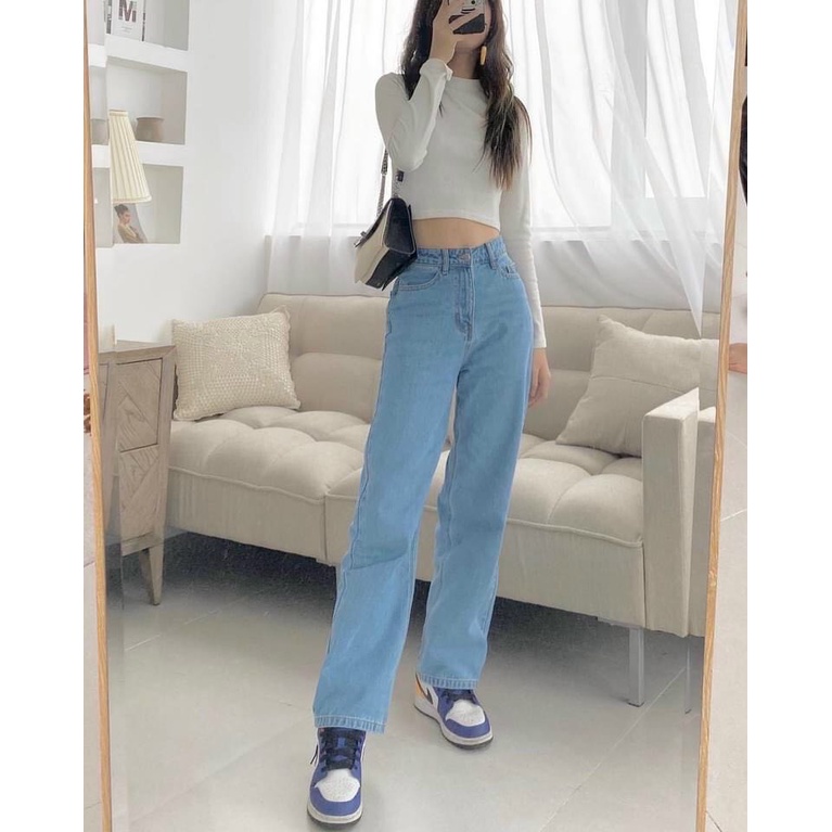 Quần jean nữ ống rộng ❤️ Cạp lưng cao màu xanh dáng ống suông chất bò dầy dặn trẻ trung LX41