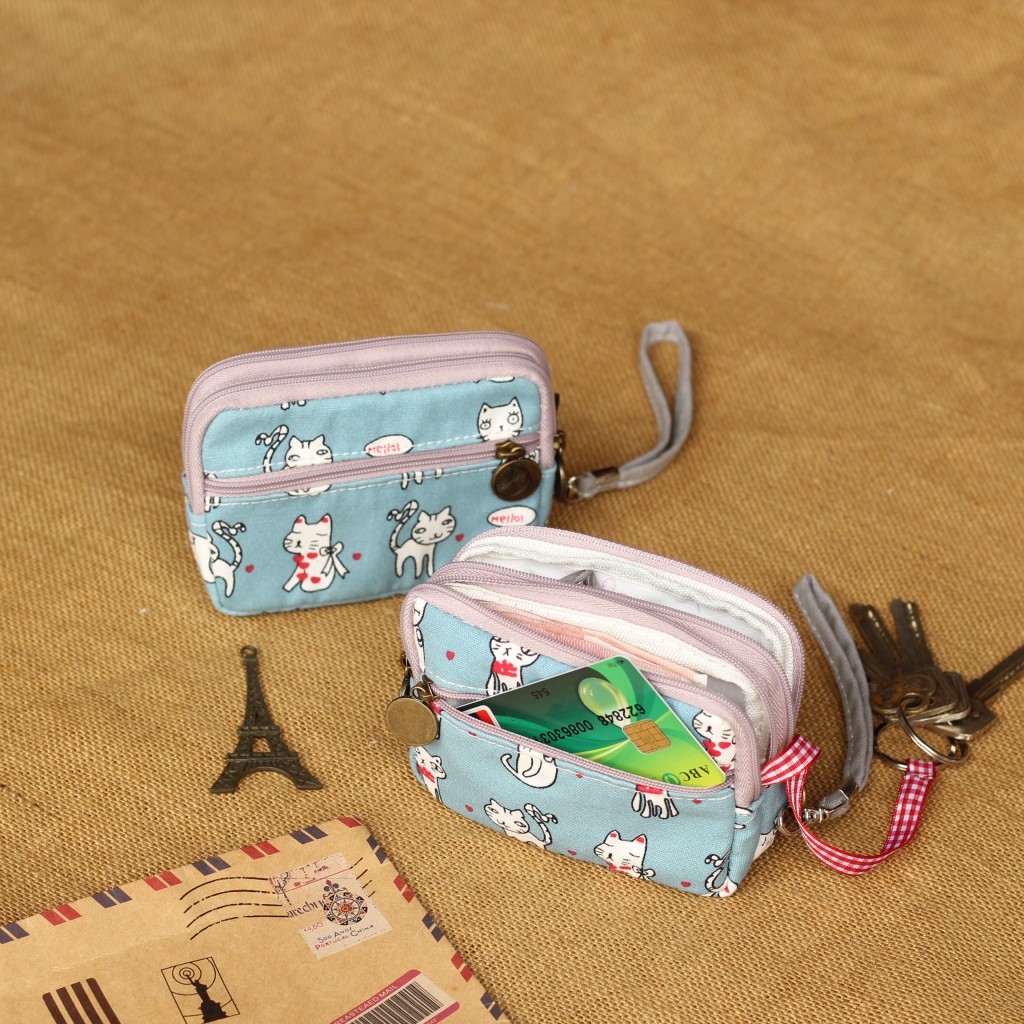 Ví ngắn vải Canvas phối khóa kéo bốn ngăn thời trang cao cấp cho nữ