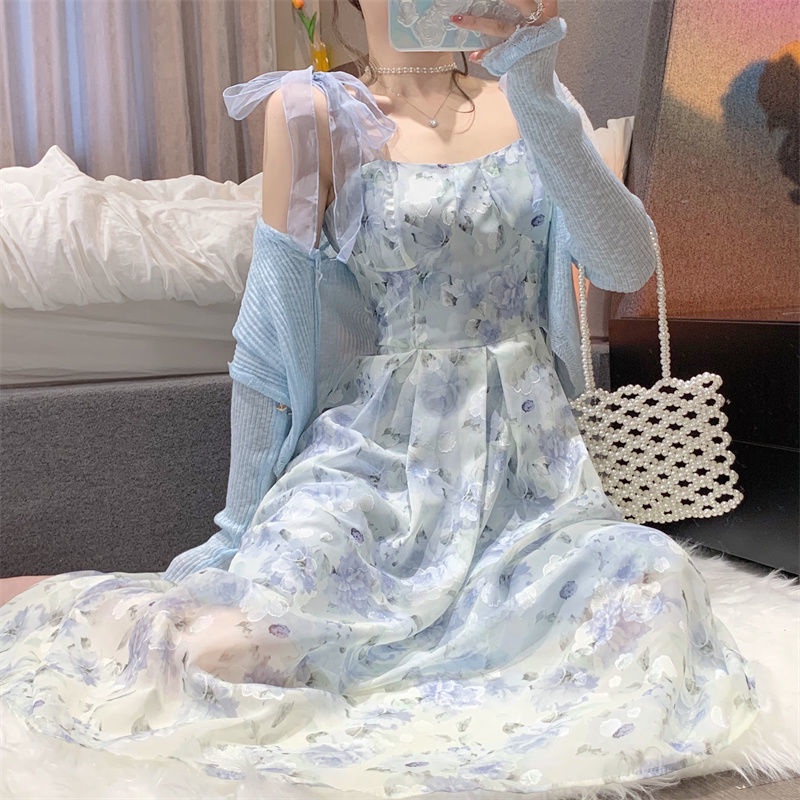 Đầm Lửng Hai Dây Ôm Eo In Họa Tiết Hoa Sơn Dầu Phong Cách Pháp Hàng Mới Thời Trang Mùa Hè Dành Cho Bạn Nữ