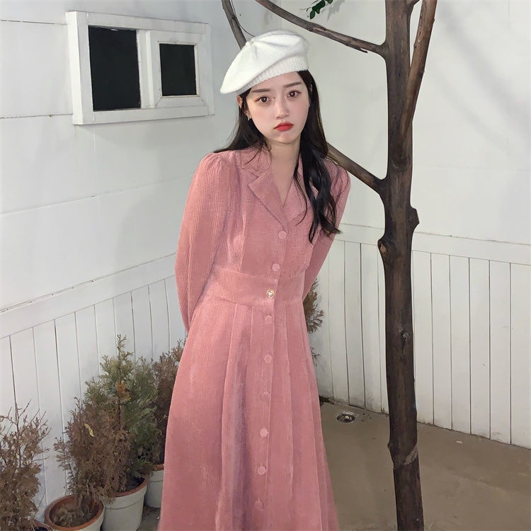 IELGY    Đầm Nhung Cổ polo Dáng Dài Vừa Thời Trang Pháp Thanh Lịch Cho Nữ