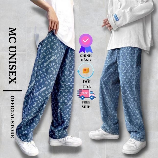 Quần jean Nam In Họa Tiết LV-SPO, LV 3S - Quần Jeans Nam ống Suông dáng rộng Vải Jeans Bò Cao Cấp Hàn Quốc