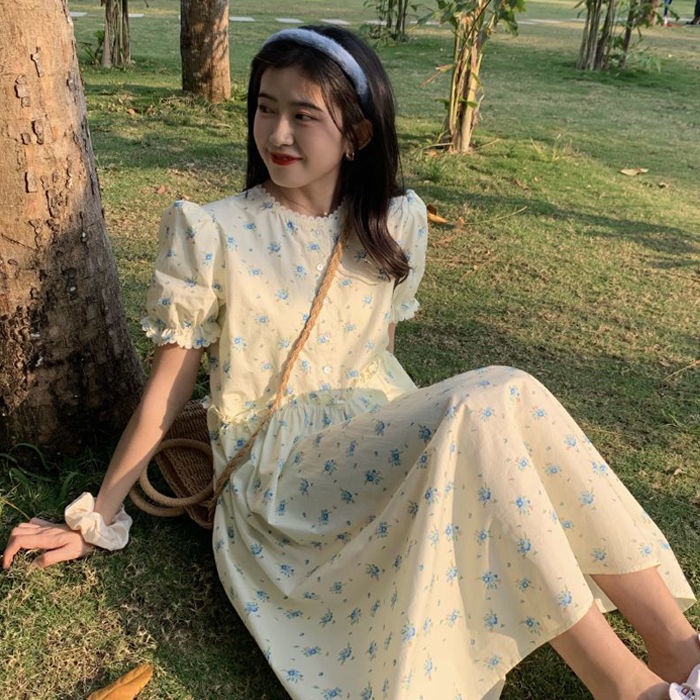 Women's Small Lace Super Floral Dress Student Korean Style Lace-up Slimmer College Style Mid-Length Skirt