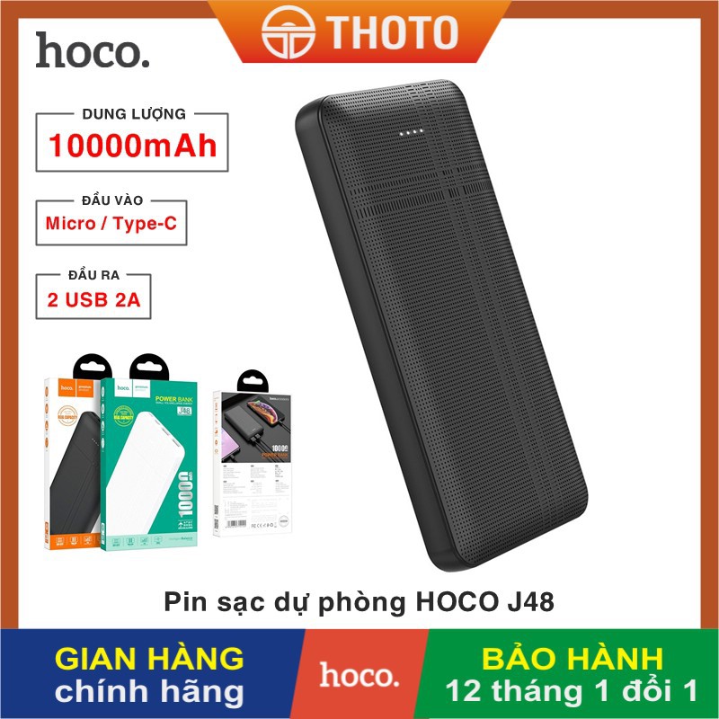 Pin sạc dự phòng di động HOCO J48 Nimble dung lượng 10000mAh, đầu vào Micro / Type-C, ra 2 cổng USB 2A - Hàng chính hãng