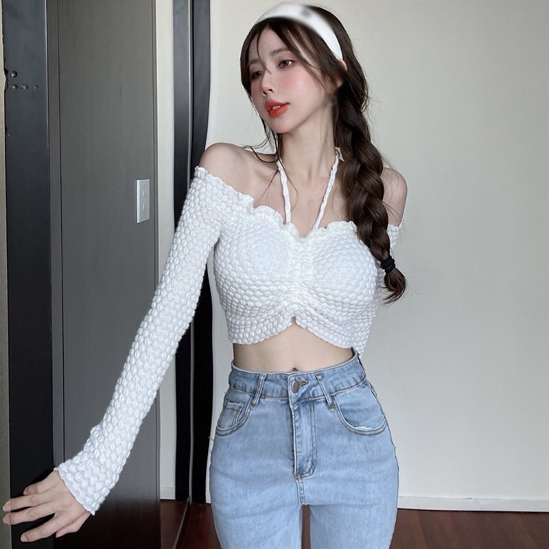 Áo croptop trễ vai kiểu dáng trẻ trung, sành điệu
