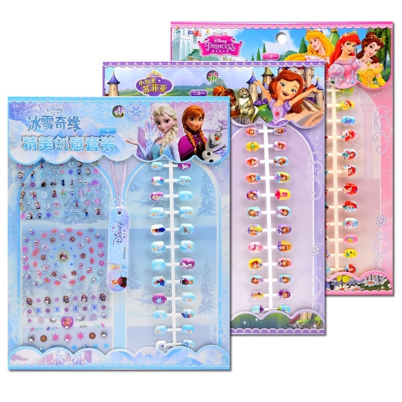 Set dán móng tay 3D bé gái kèm sticker, hình công chúa elsa bạch tuyết và chuột micky