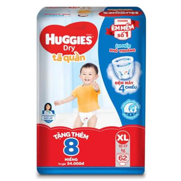 Tã quần Huggies Size XL 62 miếng tặng thêm 8 miếng cùng size