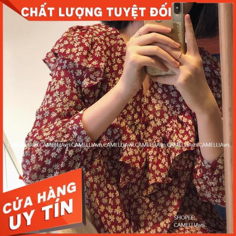 Kumivn áo sơ mi voan hoa nhí đỏ/ đen dài tay cổ phối bèo Hàn Quốc ྇