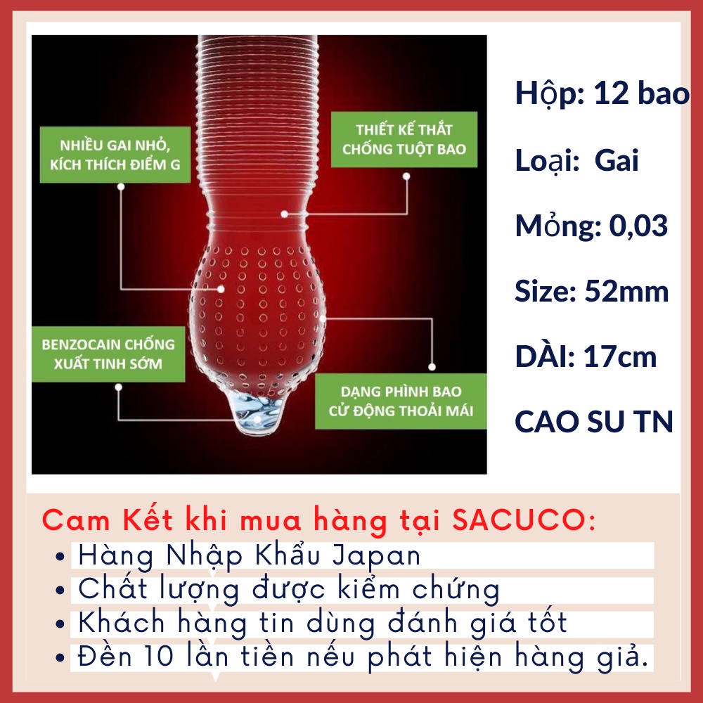 Bao cao su gai Nhật Bản chính hãng gai bi bcs kéo dài thời gian gan gai SACUCO BCS JP001