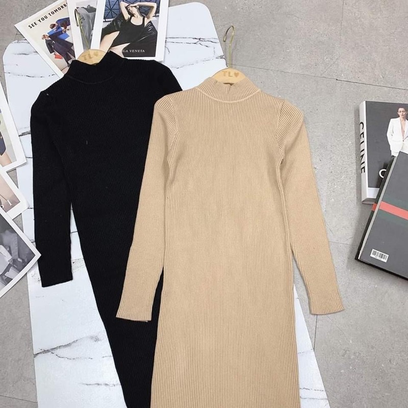 Đầm len,váy len cổ 3p dáng dài chất len tăm ôm body tôn dáng