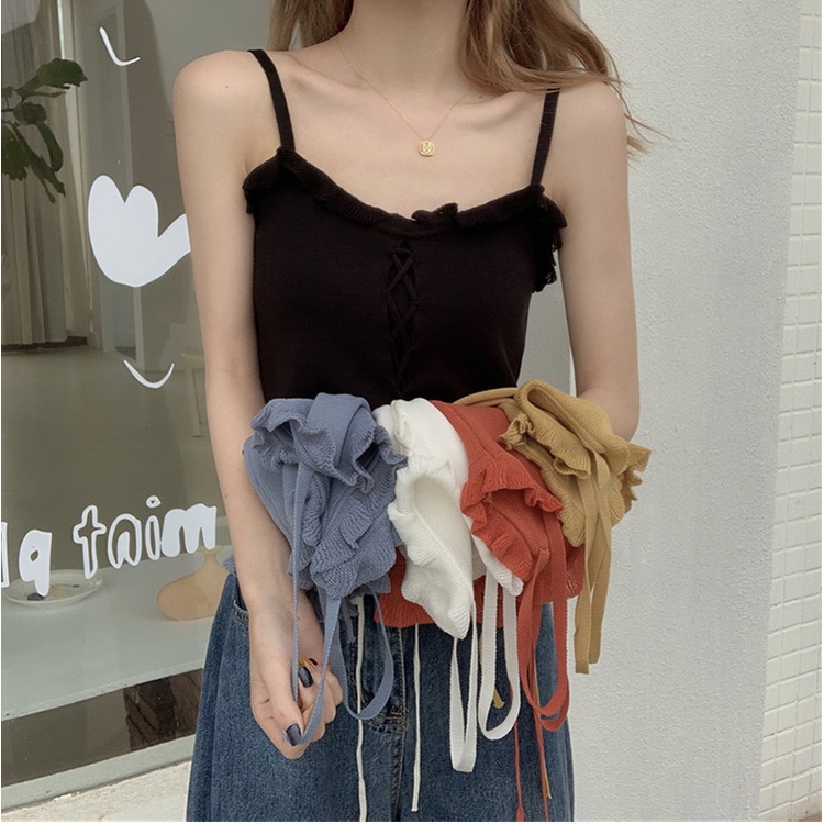 【ZHELIHANGFEI】 Áo Dệt Kim Không Tay Dáng Rộng Cột Dây Trẻ Trung Cá Tính