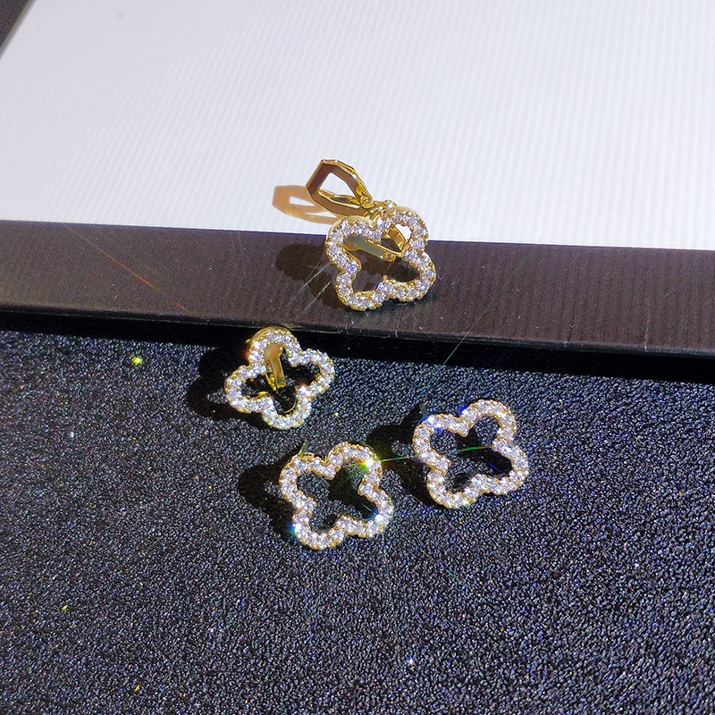 Khuyên tai JIUDUOLAN dạng kẹp/ xỏ kiểu cỏ bốn lá rỗng đính đá nhân tạo toàn diện thời trang Hàn Quốc thanh lịch cho nữ