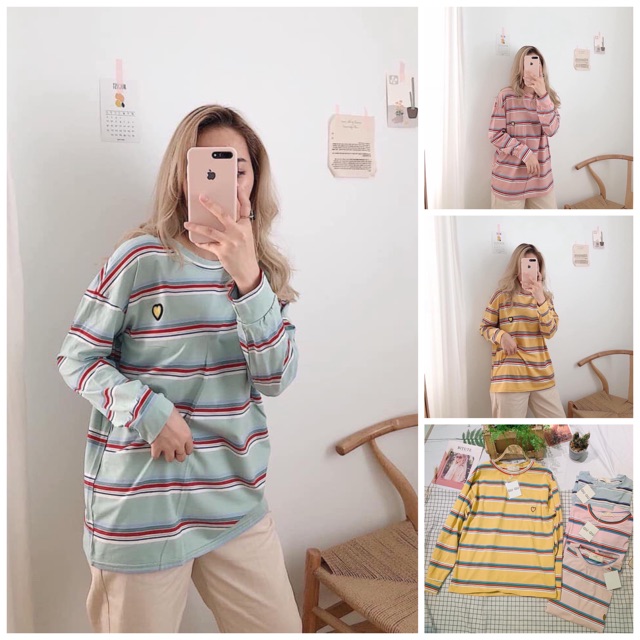 Áo sweater dưới 75kg tabi store - kẻ dài tay thêu tim vàng siêu hot