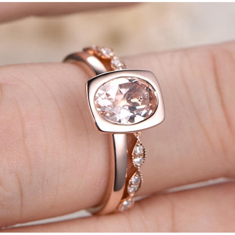 14K Set Cincin Pertunangan Warna Rose Gold Hias Kristal Berlian Imitasi untuk Wanita